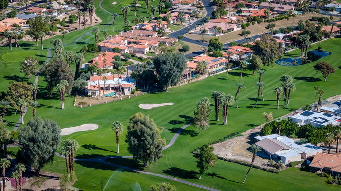 Palm trees scattered along a fairway with homes on both sides at Bermuda Dunes Country Club, California. Photograph by Mark Miller.