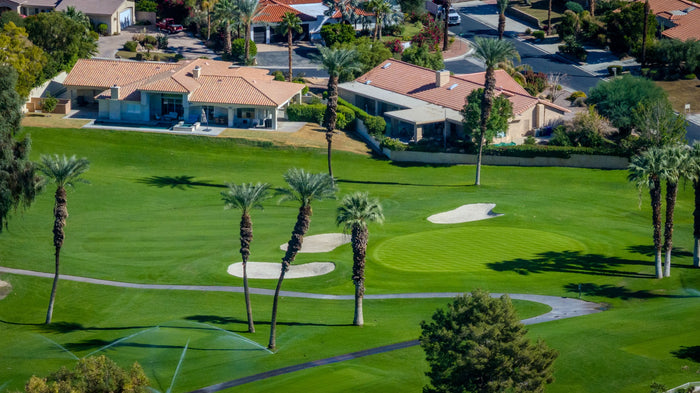 Golf green and palm trees beside neighboring homes at Bermuda Dunes Country Club, California. Photograph by Mark Miller.