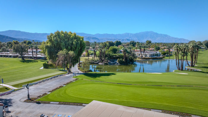 Putting green beside a lake and palm-lined fairway at Bermuda Dunes Country Club, California. Photograph by Mark Miller.