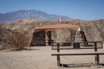 Original photograph: picnic shelter and bench at Bighorn Overlook Trail in Rancho Mirage.