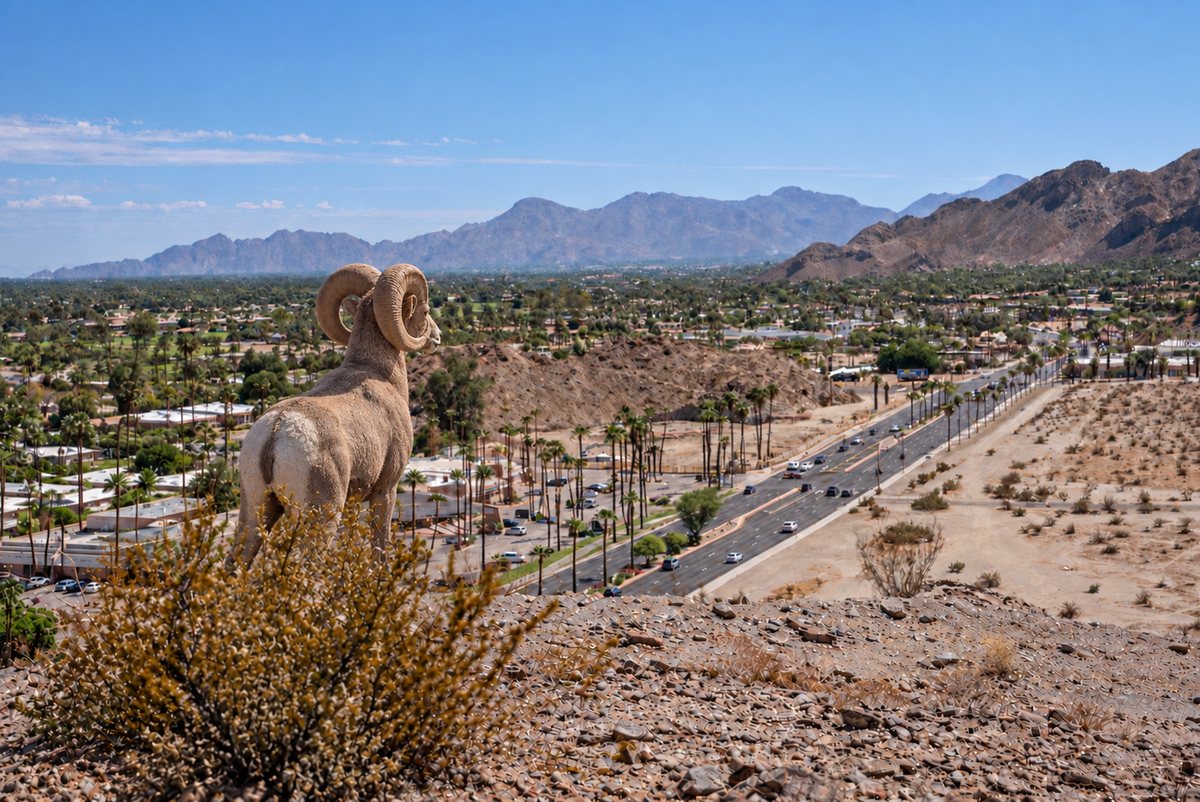 Bighorn ram overlooking Rancho Mirage and the Coachella Valley from a rocky desert hillside
