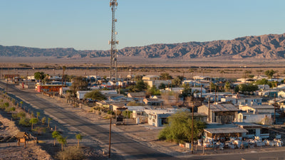 Palm trees, homes and a communications tower in Bombay Beach, photographed by Mark Miller in September 2026
