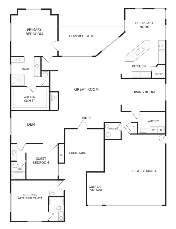 Cassius floor plan at Trilogy La Quinta, with two bedrooms plus den in the main home and an optional attached casita.