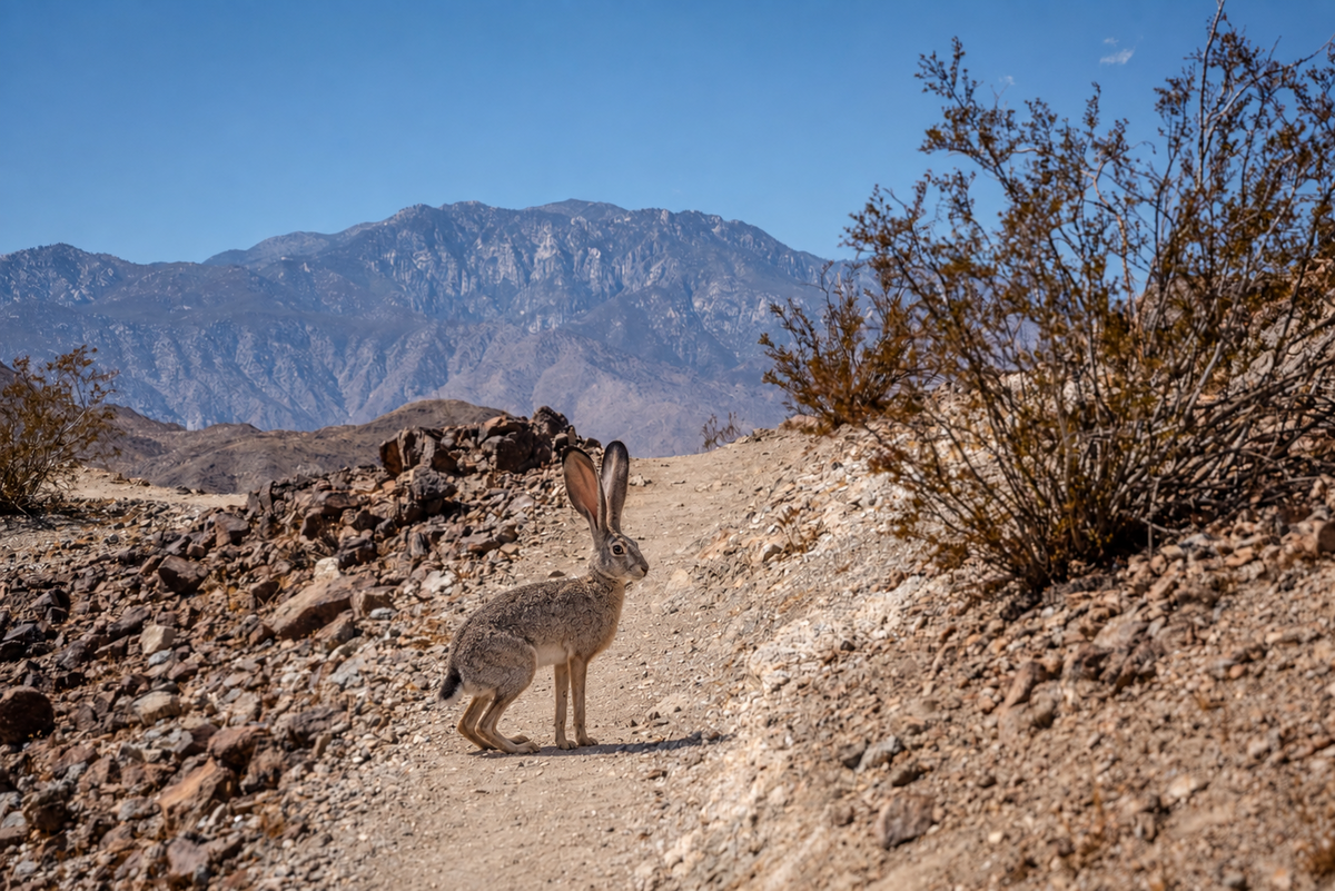 AI-enhanced illustration of a jackrabbit on a rocky desert trail; animal digitally added.