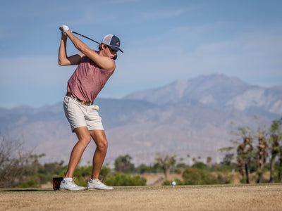 Golfer at the top of a backswing against the mountain skyline at Cimarron Golf Resort. Photo by Mark Miller, Cathedral City, September 26, 2026.