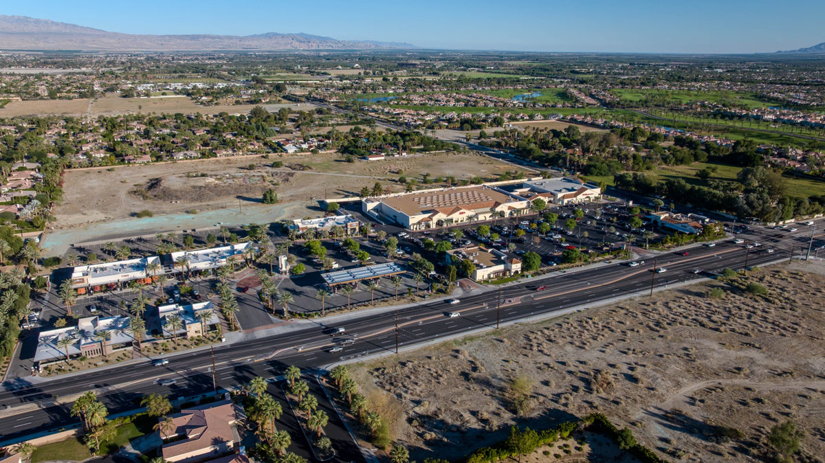 Wide aerial view of Citrus Plaza and the adjoining Canopy at Citrus retail area along Jefferson Street in Indio. Photograph by Mark Miller, October 27, 2026.