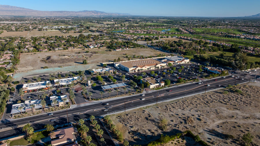 Wide aerial view of Citrus Plaza and the adjoining Canopy at Citrus retail area along Jefferson Street in Indio. Photograph by Mark Miller, October 27, 2026.