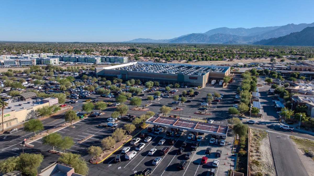 Aerial view of Costco La Quinta, its gas station and surrounding neighborhoods, photographed by Mark Miller on October 27, 2026.