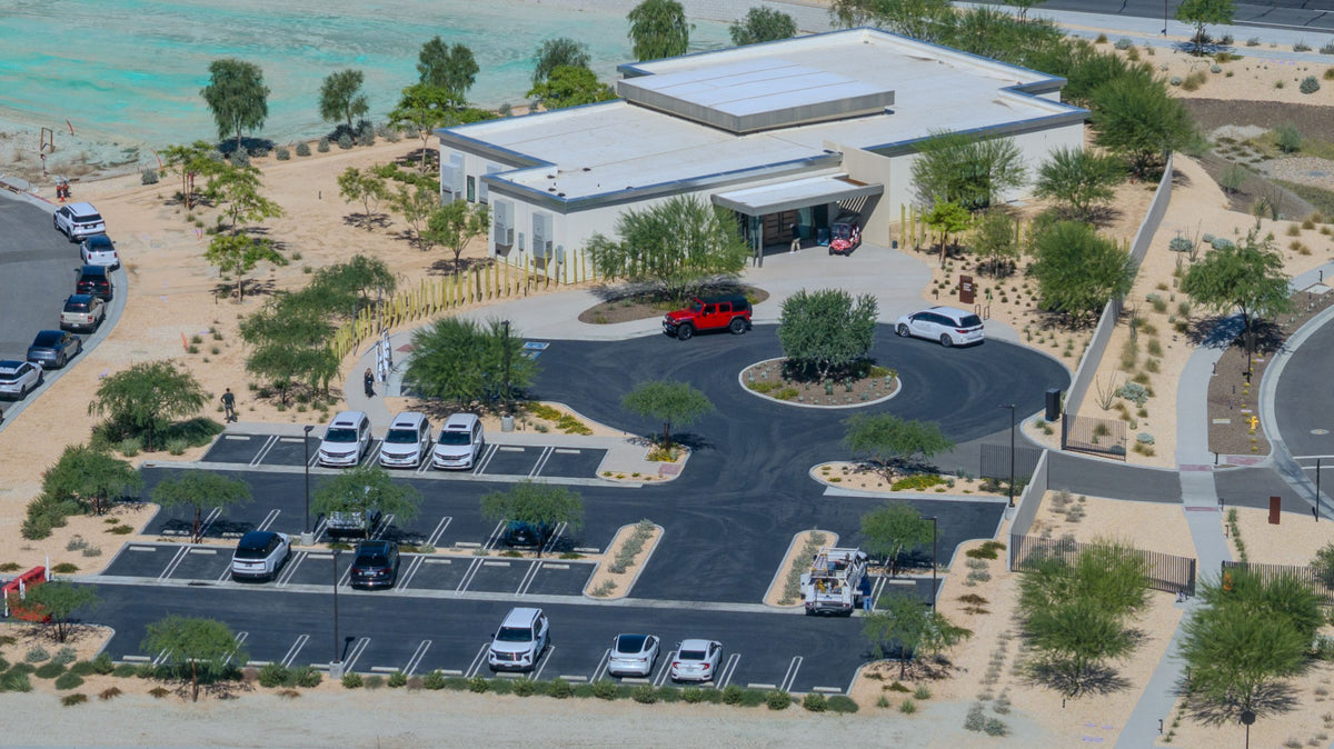 The Cotino Sales Studio, approach and visitor parking, photographed by Mark Miller on October 13, 2026.