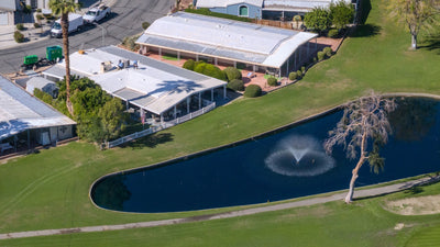 Homes and covered patios beside a golf-course pond at Date Palm Country Club.
