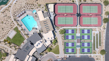 Overhead view of The Outlook clubhouse, pool and sports courts at Del Webb Rancho Mirage, California