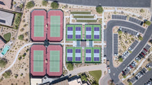 Overhead view of the tennis, pickleball and bocce court complex at Del Webb Rancho Mirage, California