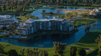 Lakefront condominium building and pool at Desert Island Country Club in Rancho Mirage.