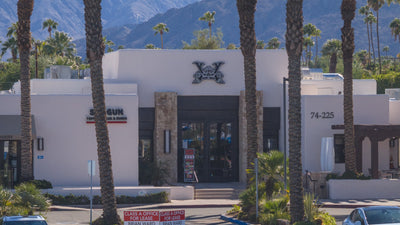 Close view of the remodeled entrance and 74-225 address at the former Desert Magazine building, October 15, 2026