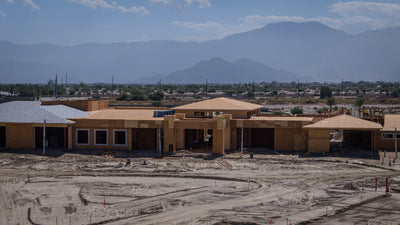 Front of the Oasis Clubhouse taking shape at Desert Retreat, Indio, photographed by Mark Miller on September 25, 2026.