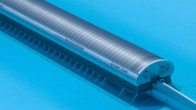 Close aerial view of the Wavegarden wave generator at DSRT Surf in Palm Desert, September 10, 2026.