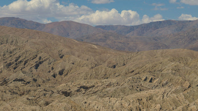 Panoramic view of uplifted and eroded badlands in the East Indio Hills near the San Andreas Fault