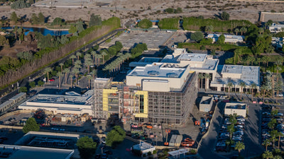 Aerial view of ongoing building work, scaffolding and parking on the Eisenhower campus.