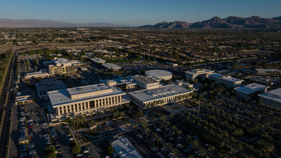 Wide aerial view of Eisenhower Medical Center and surrounding Rancho Mirage neighborhoods.