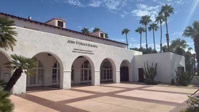 Jerry Stergios Building sign and shaded arcade in Palm Springs. Photograph by Mark Miller, October 20, 2026.
