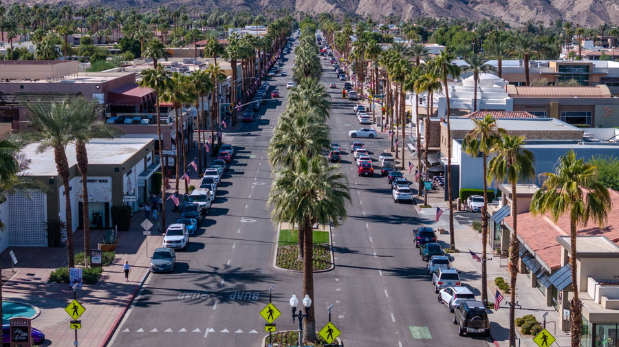 Palm-lined El Paseo in Palm Desert, photographed by Mark Miller on October 29, 2026