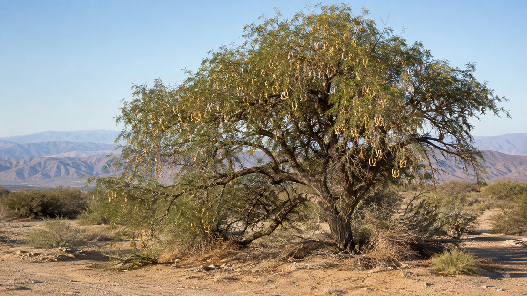 Native honey mesquite tree covered with pale seed pods in a Coachella Valley desert landscape