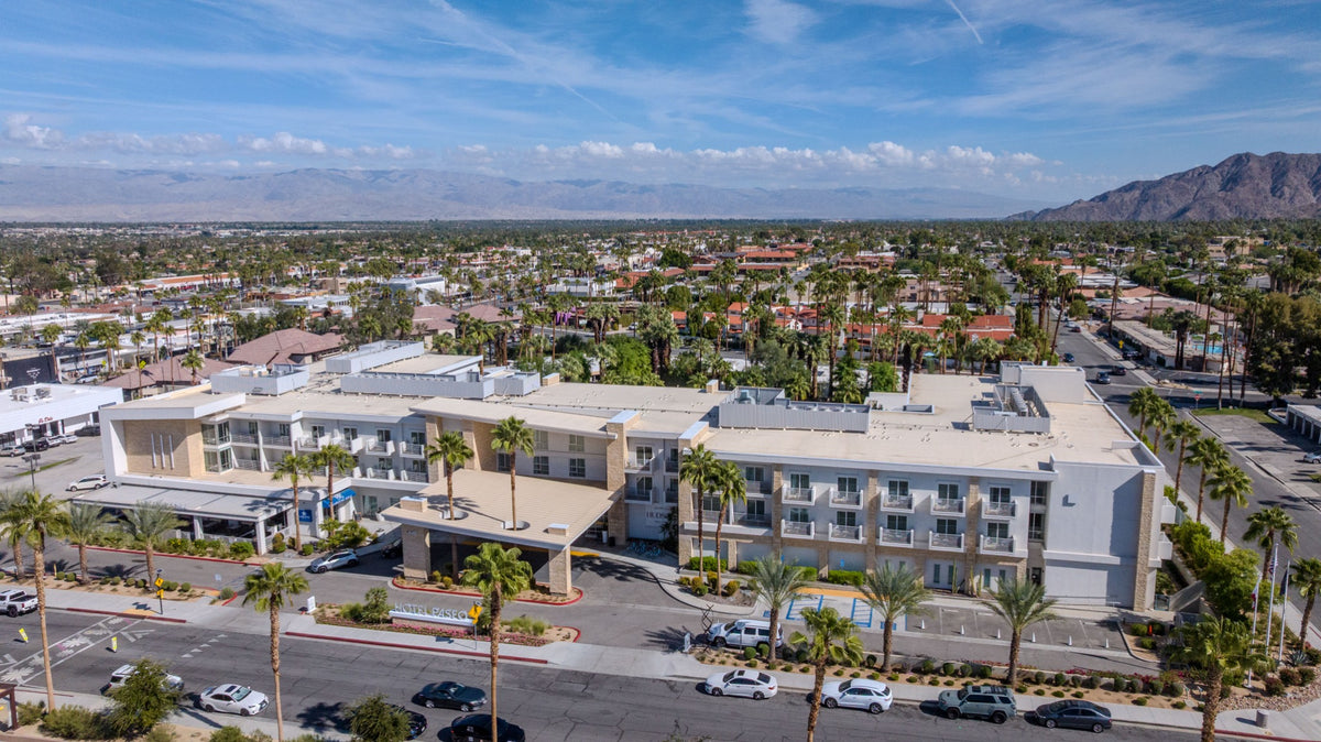 Hotel Paseo facade, balconies and Larkspur Lane arrival canopy in Palm Desert — Mark Miller, October 29, 2026.