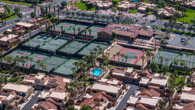 Aerial view of Ironwood Country Club racquet facilities and surrounding homes