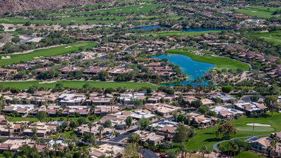 Aerial view of Ironwood Country Club homes, fairways and lakes