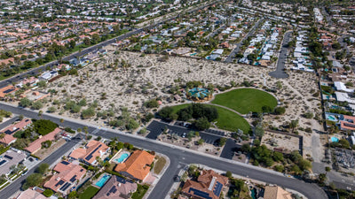 Wide aerial view of Ironwood Park’s desert open space, lawns and surrounding South Palm Desert neighborhood. Photograph by Mark Miller, October 29, 2026.