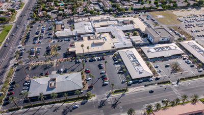Aerial overview of JFK Memorial Hospital and adjacent medical offices in Indio — Mark Miller, October 29, 2026