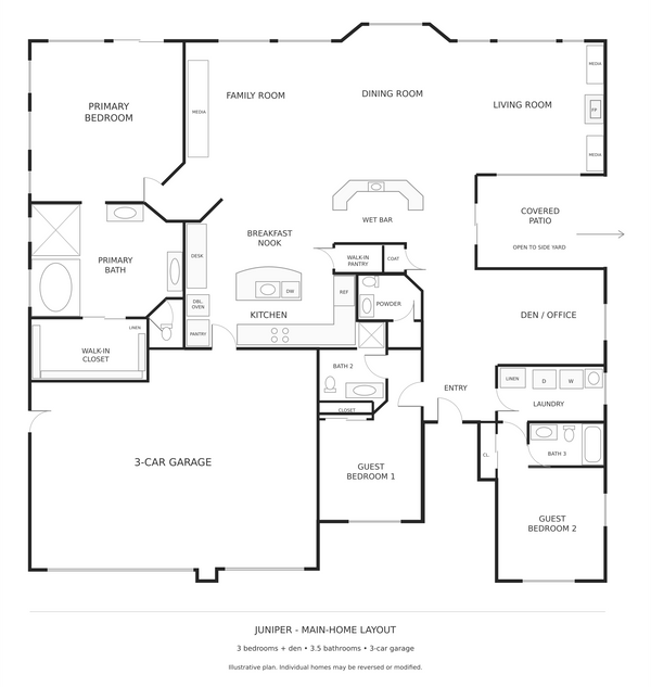Juniper floor plan at Trilogy La Quinta with three bedrooms, den, 3.5 bathrooms, three-car garage and covered patio open to the side yard. No casita shown.