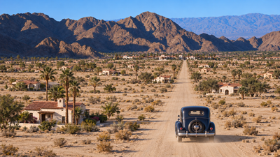 AI-generated interpretation of a vintage sedan on a dirt road through La Quinta Cove circa 1935–1941, with Spanish-style homes and La Quinta Resort depicted ahead.