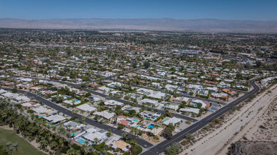 Wide aerial view from Magnesia Falls Cove across Rancho Mirage and the Coachella Valley