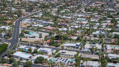 Aerial view of curving residential streets and homes in Magnesia Falls Cove, Rancho Mirage