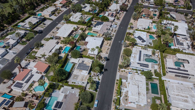 Aerial view along the residential street grid of Magnesia Falls Cove in Rancho Mirage