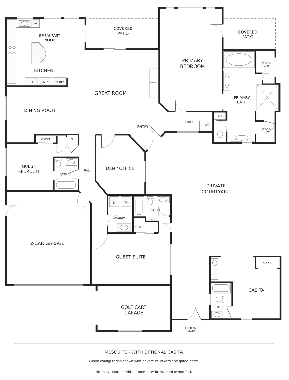 Mesquite floor plan at Trilogy La Quinta with optional detached casita, private courtyard, den, four bathrooms, two-car garage and golf cart garage.