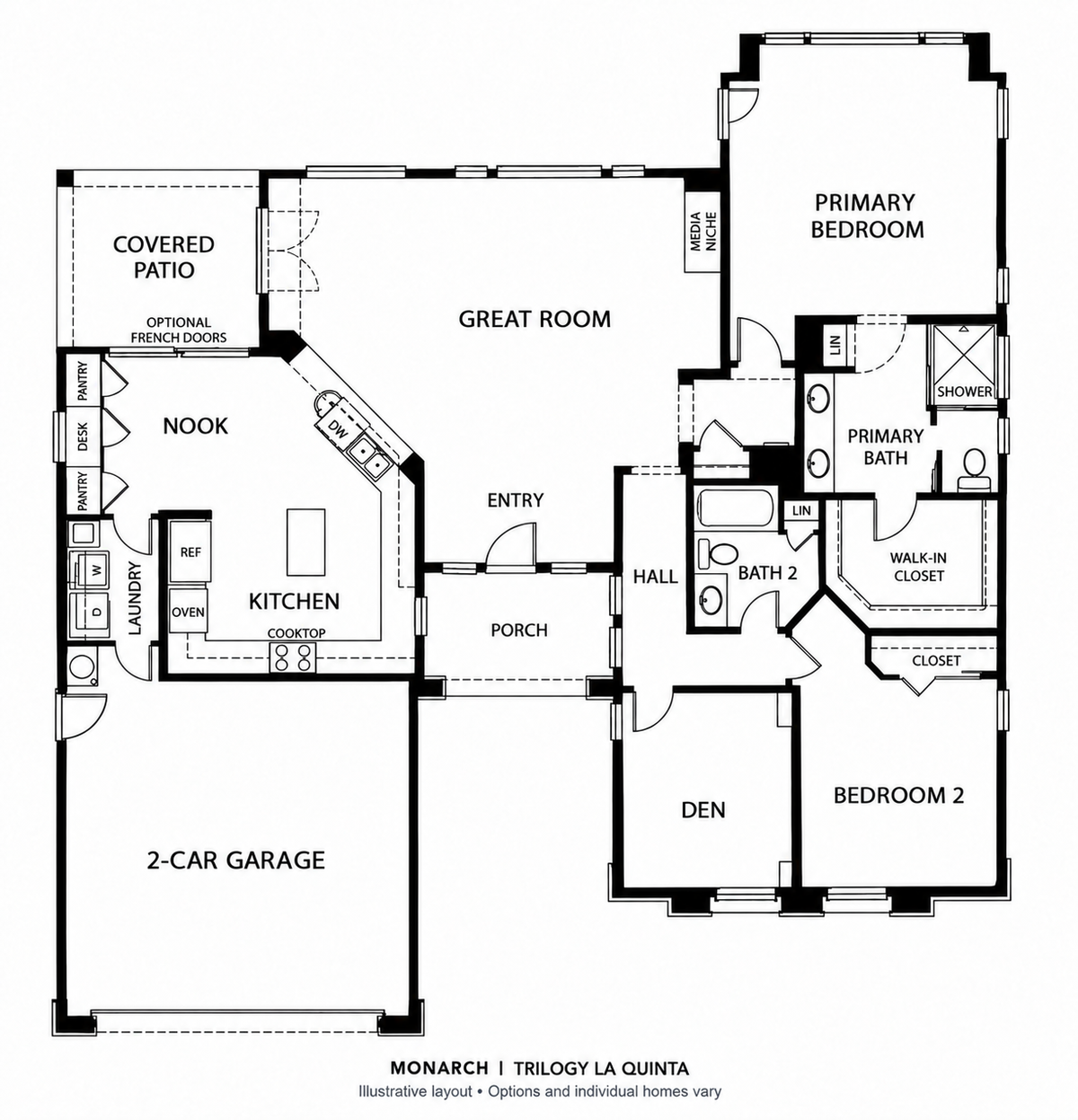 Labeled Monarch floor plan at Trilogy La Quinta showing two bedrooms, a den, two bathrooms, kitchen, great room, covered patio and two-car garage.