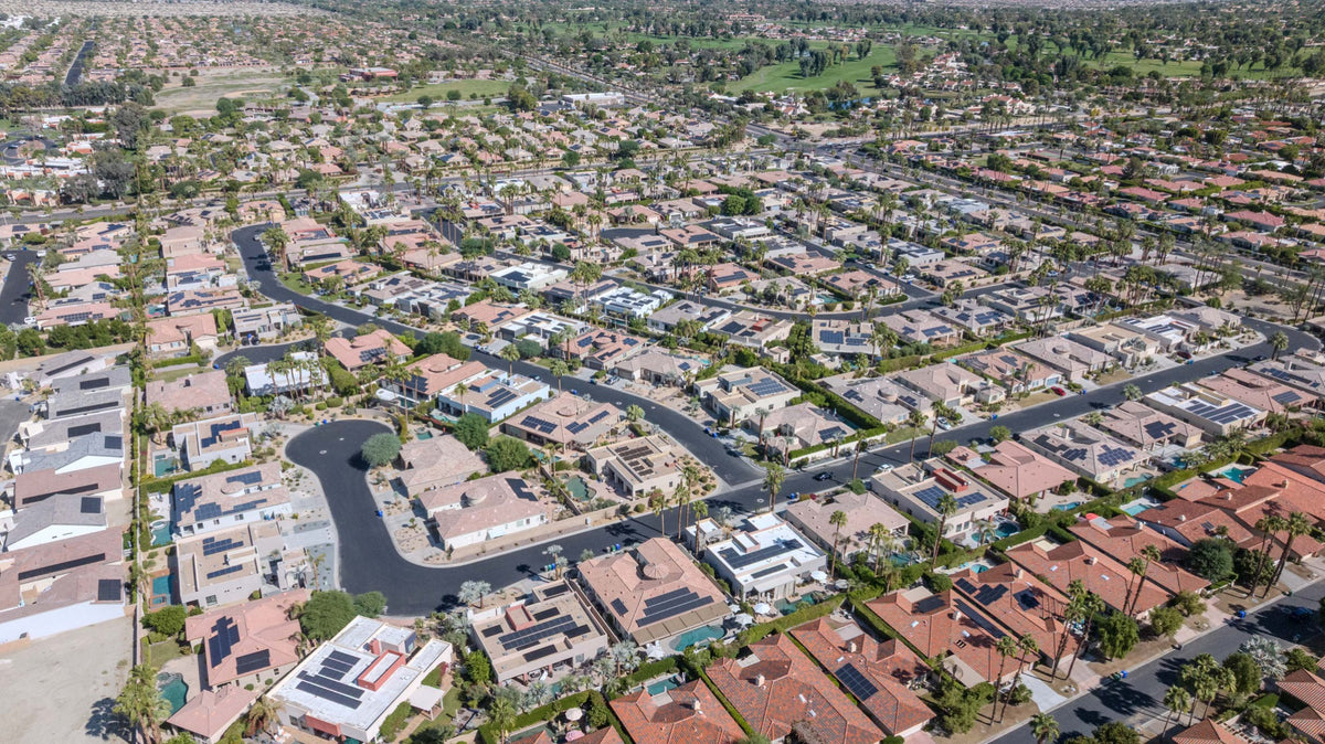 Aerial view of Montage at Mission Hills streets, homes and private pools in Cathedral City. Mark Miller, October 20, 2026.