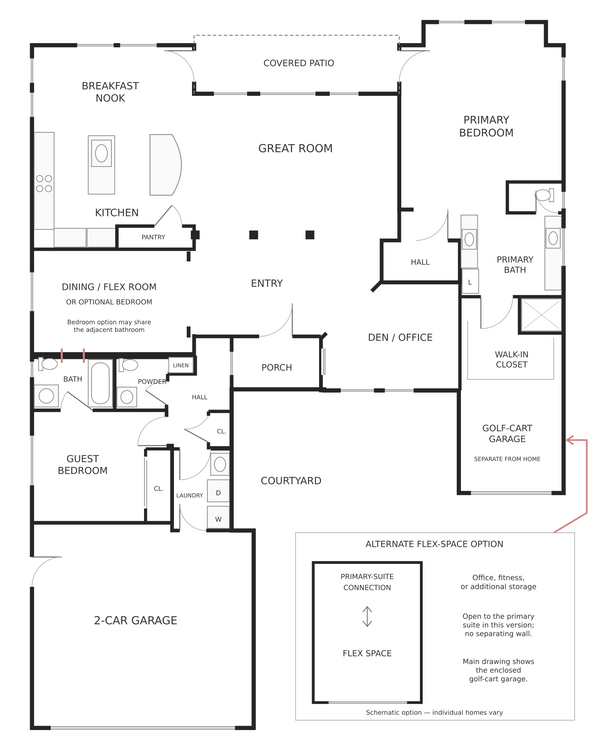 Oreas floor plan at Trilogy La Quinta, showing two bedrooms, den, dining or flex room, two-car garage, golf-cart garage and alternate primary-suite flex space.