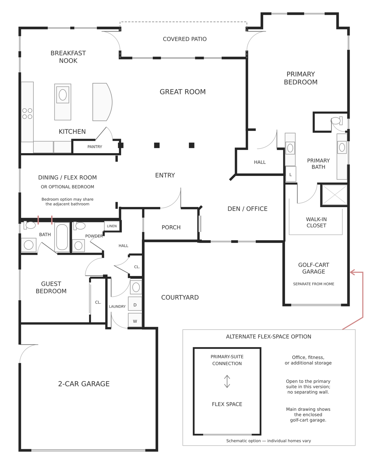 Oreas floor plan at Trilogy La Quinta, showing two bedrooms, den, dining or flex room, two-car garage, golf-cart garage and alternate primary-suite flex space.