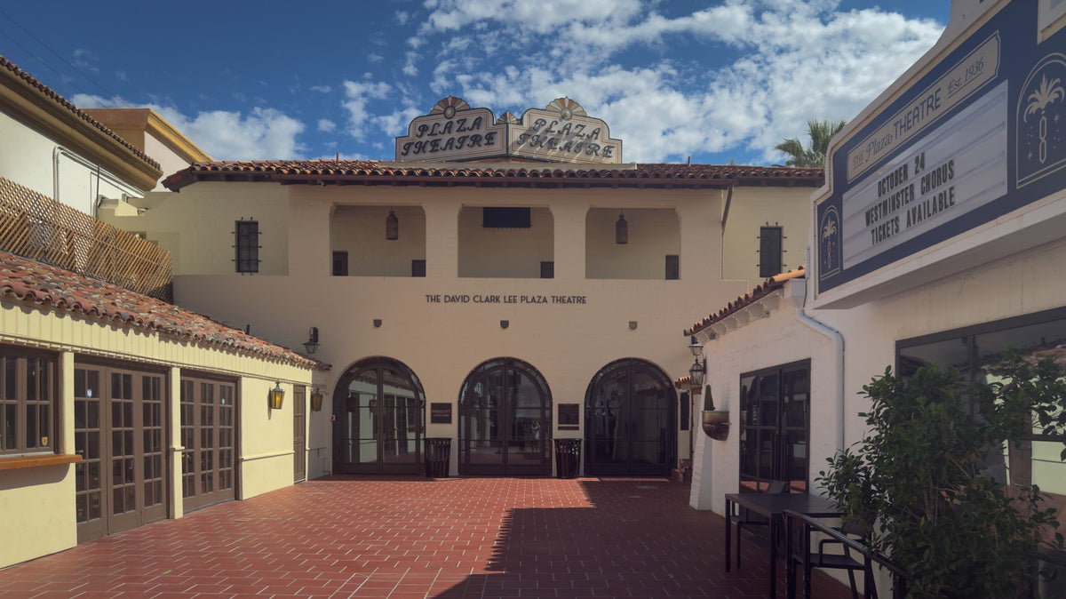 The Plaza Theatre courtyard and arched entrance in downtown Palm Springs. Photograph by Mark Miller, October 20, 2026.