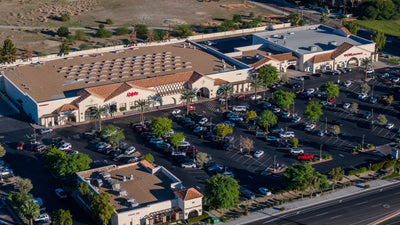 Aerial view of Ralphs and CVS storefronts with shared parking at Citrus Plaza in Indio. Photograph by Mark Miller, October 27, 2026.