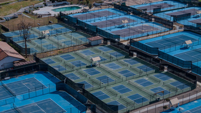 Aerial close-up of Rancho Las Palmas pickleball and tennis courts