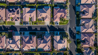 Overhead view of Renaissance rooftops, backyards and private pools