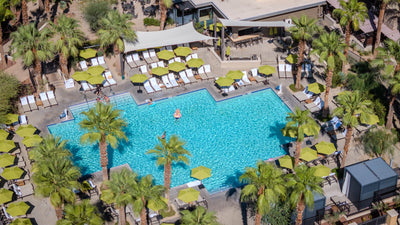 Overhead view of the main resort pool surrounded by palms and lounge chairs at The Ritz-Carlton, Rancho Mirage