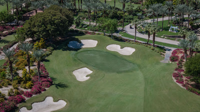 Curving sand bunkers surrounding a green beside lush trees and flowering shrubs at Sensei Porcupine Creek.