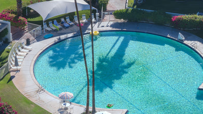 Palm-tree shadows across the water at Shadow Mountain Resort in Palm Desert, photographed by Mark Miller on October 15, 2026.
