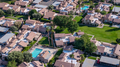 Pools and greenbelts among Summer Breeze condominiums in Indio