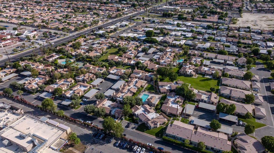 Aerial overview of Summer Breeze condominiums and pools in Indio